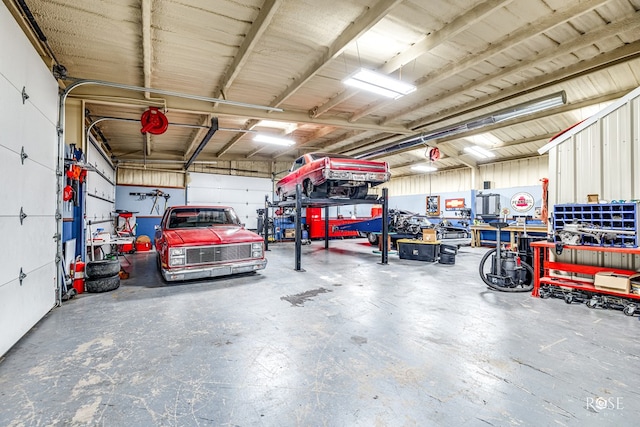 garage with a workshop area