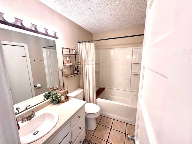 full bathroom with toilet, a textured ceiling, vanity, shower / bath combination with curtain, and tile patterned flooring