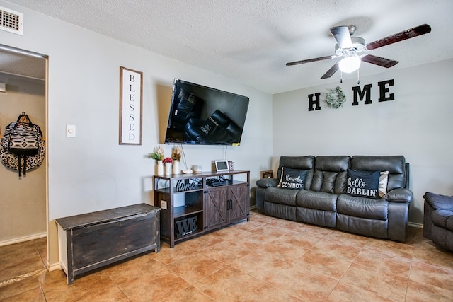 119 Van Zandt St, San Angelo, TX 76905 - living area featuring ceiling fan, light tile patterned floors, a textured ceiling, and baseboards