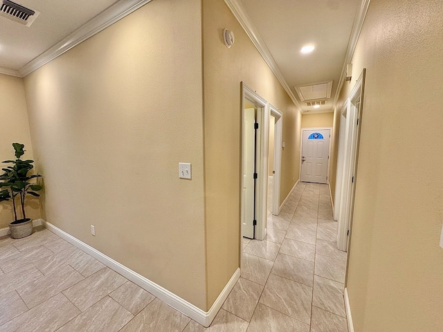 2110 Shelton St, San Angelo, TX 76903 - corridor with attic access, ornamental molding, and light tile patterned floors