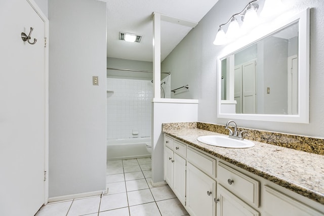 full bath featuring visible vents, toilet, tile patterned floors, vanity, and shower / bathing tub combination