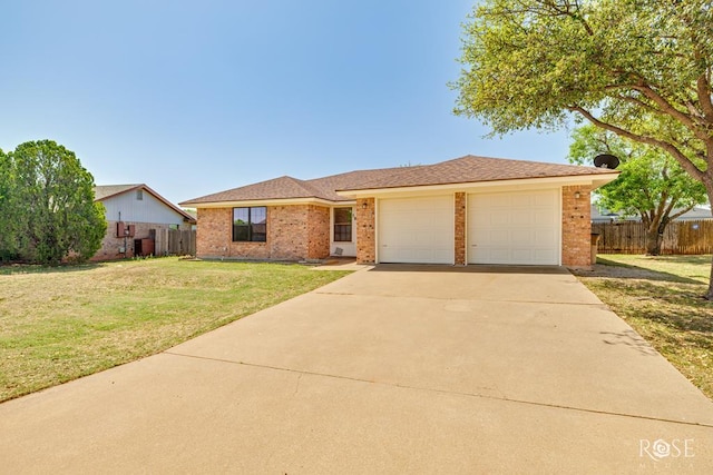 single story home featuring brick siding, a garage, and fence