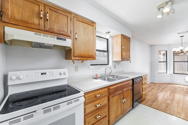 kitchen with a textured ceiling, dishwasher, a sink, white electric range oven, and under cabinet range hood