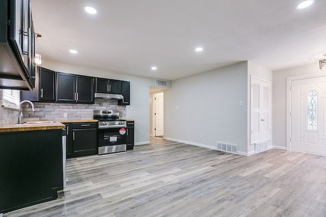2729 Rio Grande St, San Angelo, TX 76904 - kitchen featuring electric range, dark cabinetry, under cabinet range hood, light wood-style flooring, and decorative backsplash