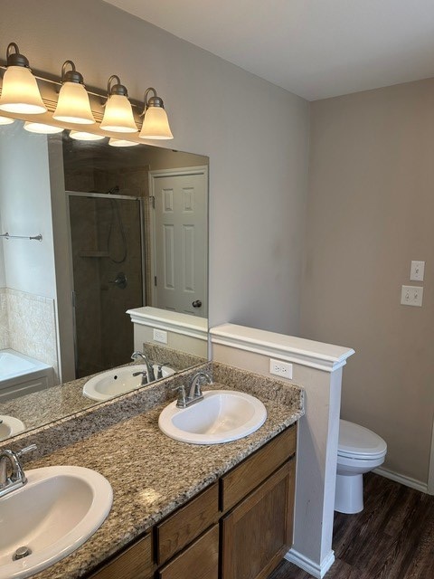 bathroom with toilet, a stall shower, and a sink