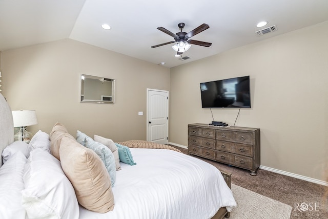 5922 Tarin St, San Angelo, TX 76904 - bedroom with carpet floors, ceiling fan, recessed lighting, and lofted ceiling