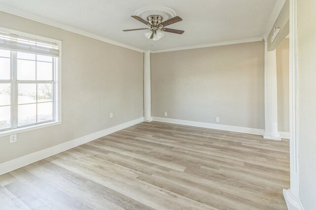 unfurnished room with light hardwood / wood-style flooring, ornamental molding, and ceiling fan