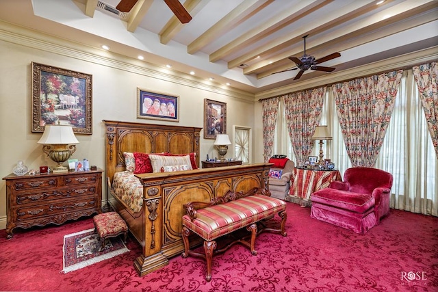 carpeted bedroom with beam ceiling and ceiling fan