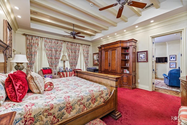 bedroom with beamed ceiling, ceiling fan, and carpet