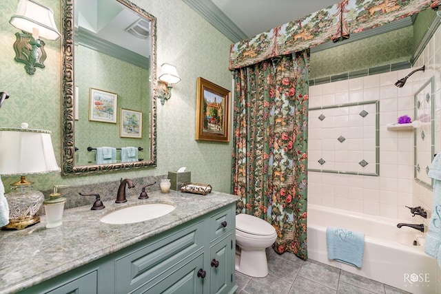 full bathroom with tile patterned flooring, vanity, ornamental molding, shower / bath combination with curtain, and toilet