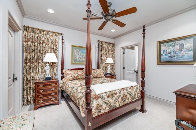 bedroom with ceiling fan, ornamental molding, and light colored carpet