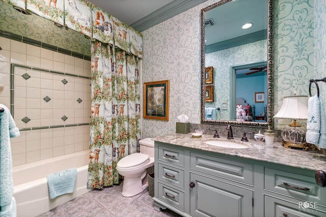 full bathroom with tile patterned flooring, ornamental molding, vanity, toilet, and shower / bath combo