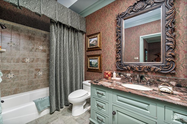 full bathroom with vanity, crown molding, toilet, and shower / bathtub combination with curtain