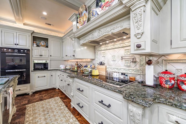 kitchen featuring tasteful backsplash, dark stone countertops, custom range hood, dark parquet floors, and black appliances