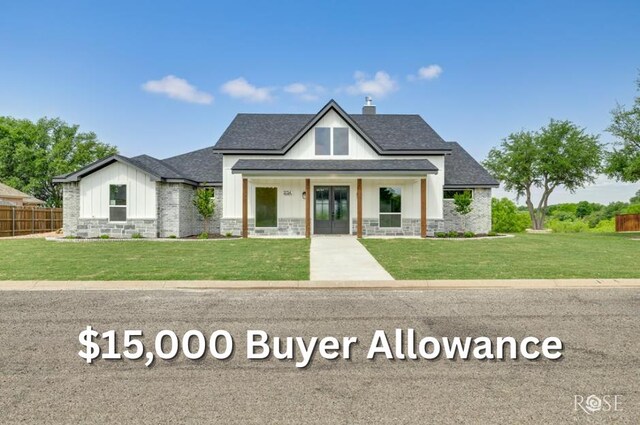 2734 Oak Hills Trl, San Angelo, TX 76904 - modern farmhouse featuring french doors, board and batten siding, a shingled roof, and a chimney