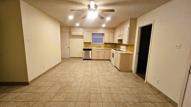 kitchen featuring white electric range oven, sink, tasteful backsplash, stainless steel dishwasher, and white cabinets