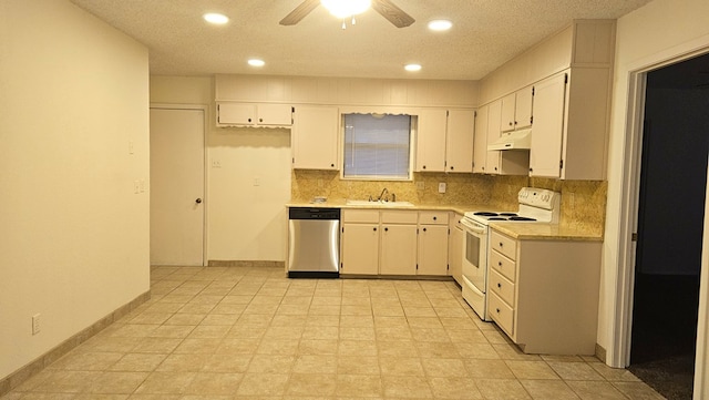 kitchen with sink, white cabinetry, tasteful backsplash, dishwasher, and electric stove