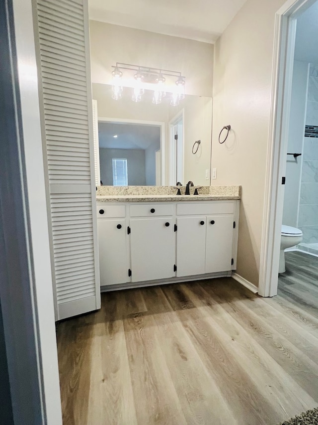 bathroom featuring wood-type flooring, toilet, and vanity