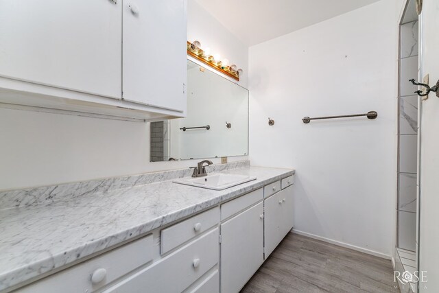 bathroom with hardwood / wood-style flooring and vanity