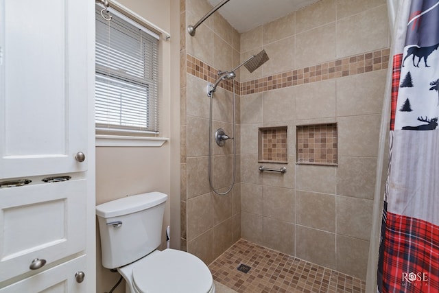 bathroom with toilet and a shower with shower curtain