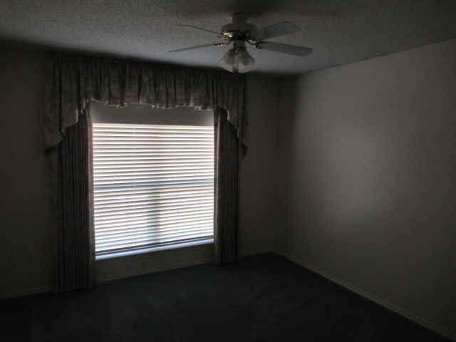carpeted empty room featuring ceiling fan, a healthy amount of sunlight, and a textured ceiling