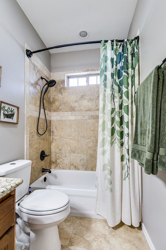 full bathroom with vanity, toilet, and shower / bath combo with shower curtain