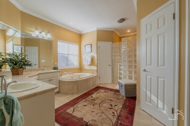 bathroom featuring tiled tub, vanity, ornamental molding, and tile patterned floors