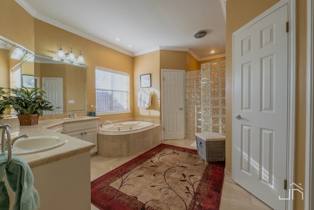 bathroom with a relaxing tiled tub, vanity, crown molding, and tile patterned flooring