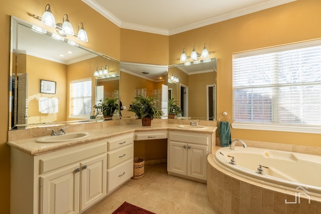 bathroom with vanity, tile patterned flooring, crown molding, and tiled bath