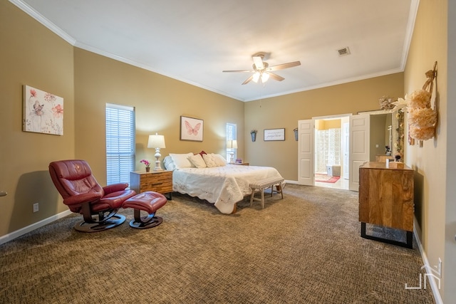 carpeted bedroom with connected bathroom, ornamental molding, and ceiling fan