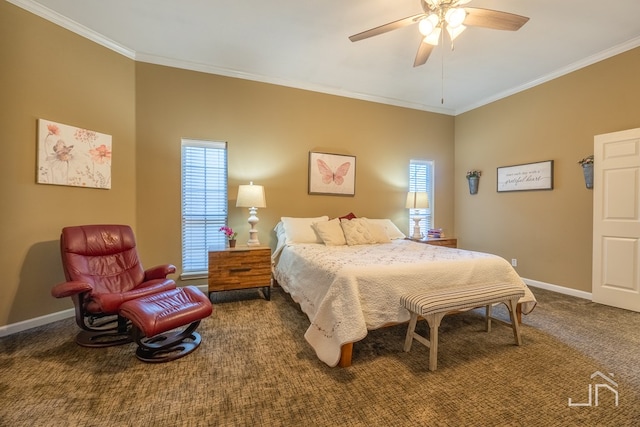 carpeted bedroom featuring crown molding and ceiling fan