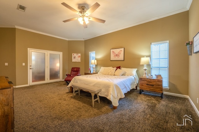 bedroom with ornamental molding, ceiling fan, and dark colored carpet