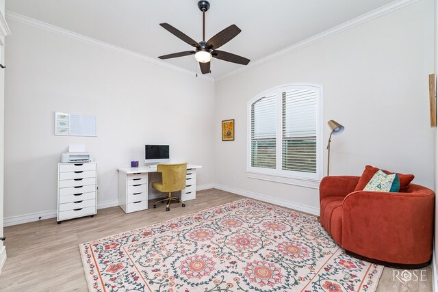 office with ceiling fan, ornamental molding, and light hardwood / wood-style floors