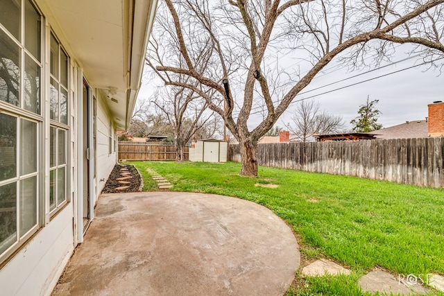 view of yard with a shed and a patio area