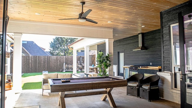 view of patio with ceiling fan, a grill, and outdoor lounge area