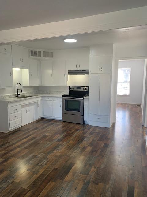 kitchen featuring electric stove, sink, backsplash, dark hardwood / wood-style floors, and white cabinets