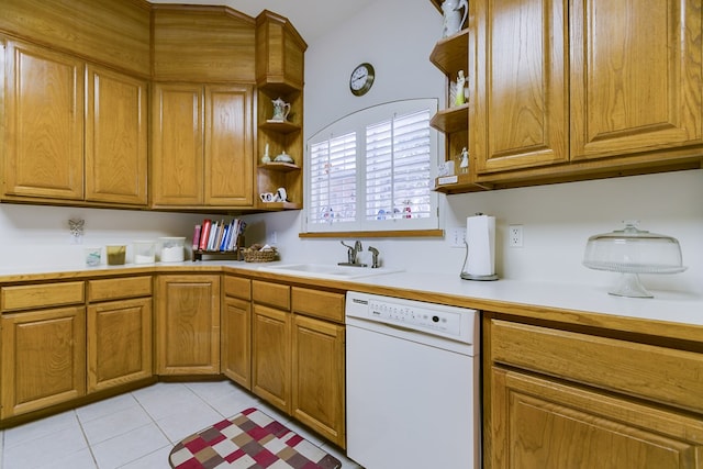 kitchen featuring a sink, dishwasher, open shelves, and light countertops
