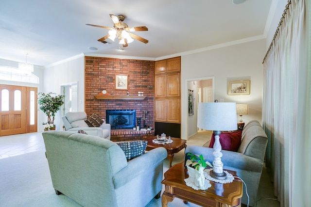 living area featuring light colored carpet, ornamental molding, ceiling fan with notable chandelier, and a brick fireplace