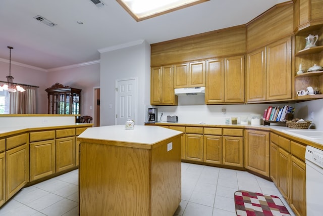 kitchen with light tile patterned floors, open shelves, a center island, dishwasher, and visible vents