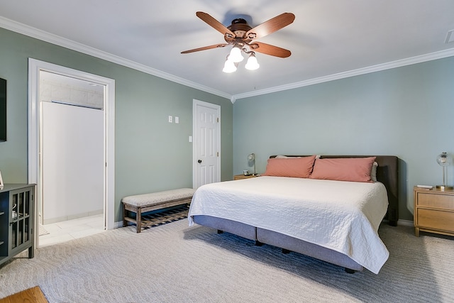 bedroom with ornamental molding, carpet flooring, and ceiling fan