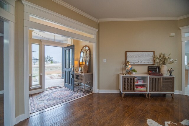 entrance foyer with ornamental molding, dark wood-style flooring, and baseboards