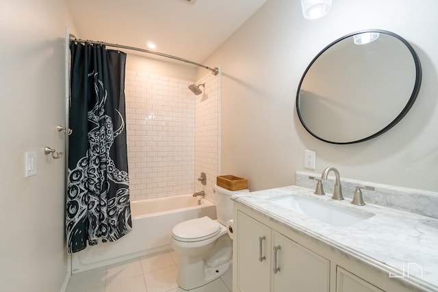 full bathroom with vanity, shower / tub combo with curtain, tile patterned floors, and toilet