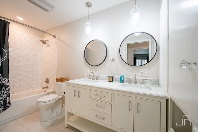 full bathroom with vanity, shower / tub combo, tile patterned floors, and toilet