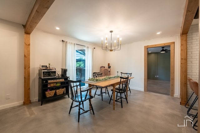 dining room featuring beamed ceiling, ceiling fan with notable chandelier, and concrete floors