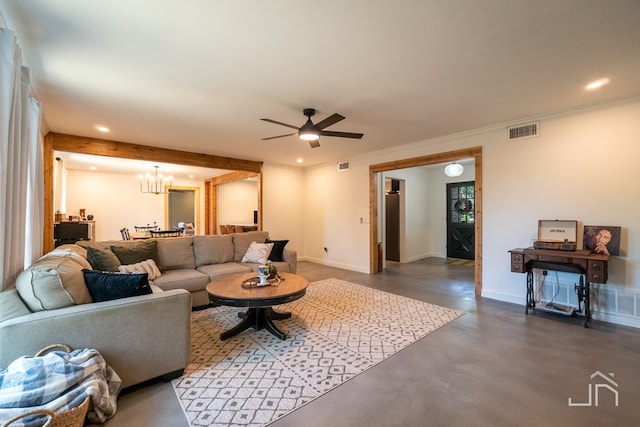 living room with crown molding and ceiling fan with notable chandelier