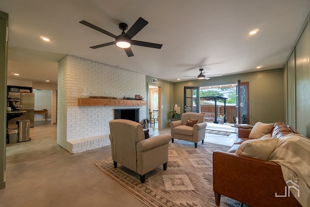 living room with light carpet, a brick fireplace, ornamental molding, and ceiling fan