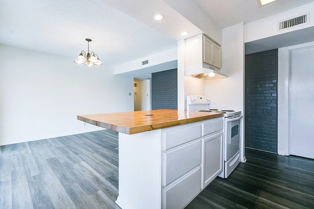 2472-D University Ave, San Angelo, TX 76904 - kitchen featuring white electric range, wood counters, under cabinet range hood, dark wood-type flooring, and a textured ceiling