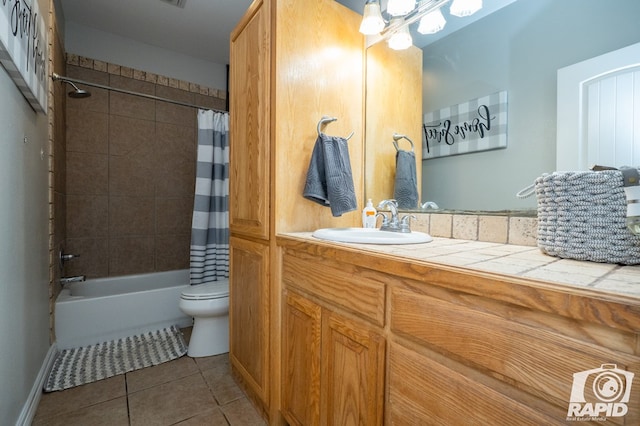 full bathroom featuring tile patterned flooring, shower / tub combo, vanity, and toilet