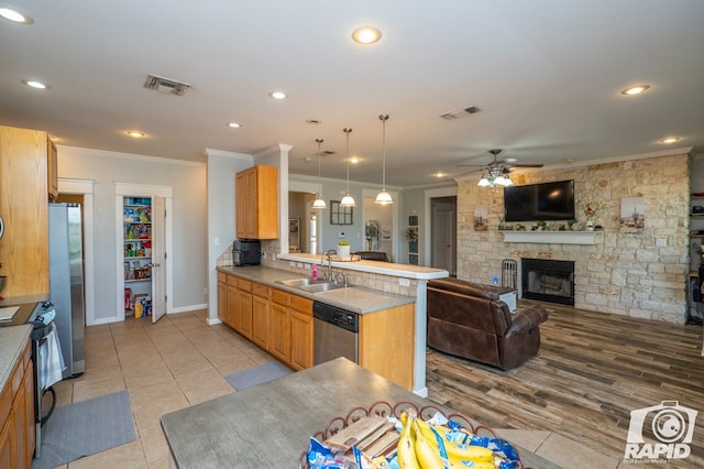 kitchen featuring appliances with stainless steel finishes, sink, hanging light fixtures, kitchen peninsula, and crown molding