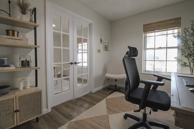 office space featuring dark hardwood / wood-style floors and french doors